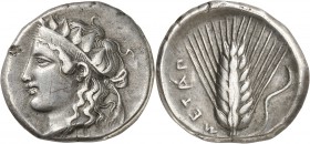GRÈCE ANTIQUE
Lucanie, Métaponte (400-340 av. J.C.). Didrachme ou Nomos argent.
Av. Tête de Dionysos jeune à gauche, portant un diadème orné de feui...