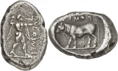GRÈCE ANTIQUE
Lucanie, Poséidonia (470-445 av. J.C.). Nomos argent.
Av. POSES Poséidon nu, la chlamyde sur les épaules, avançant à droite sur une li...