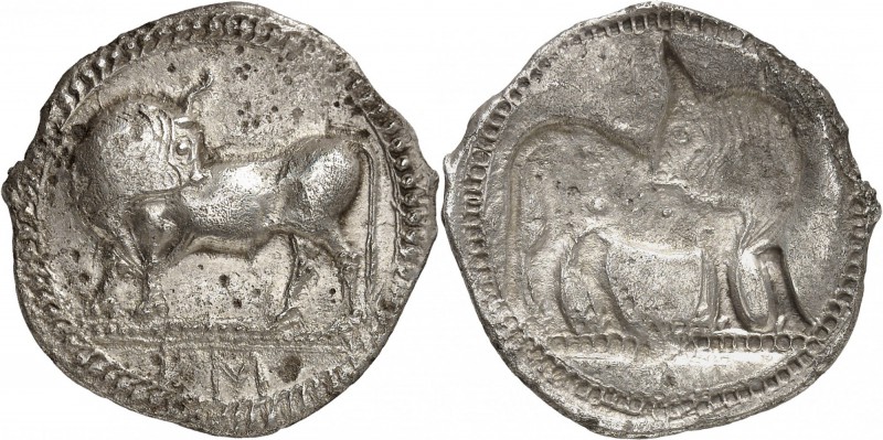 GRÈCE ANTIQUE
Sybaris (530-510 av. J.C.). Statère argent.
Av. Taureau debout à...