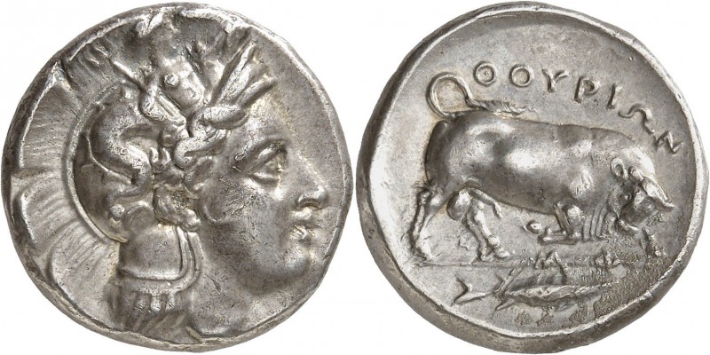GRÈCE ANTIQUE
Lucanie, Thurium (350-300 av. J.C.). Statère argent.
Av. Tête d’...