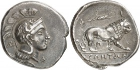 GRÈCE ANTIQUE
Lucanie, Vélia (350-300 av. J.C.). Didrachme argent.
Av. Tête d’Athéna à droite, le casque orné d’un griffon, monogramme derrière la n...