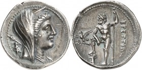 GRÈCE ANTIQUE
Bruttium, Les Bruttiens (215-205 av. J.C.). Drachme argent.
Av. Tête voilée à droite d’Héra Lacinia, portant le stéphanos, un sceptre ...