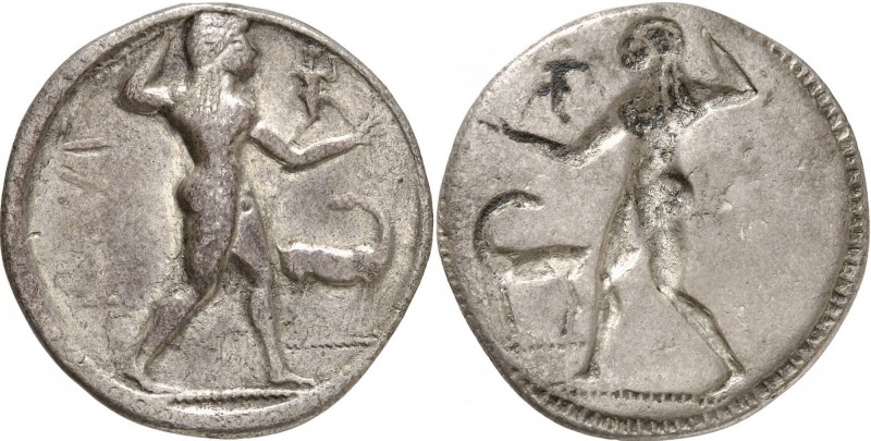 GRÈCE ANTIQUE
Bruttium, Caulonia (525-500 av. J.C.). Statère argent AR.
Av. KA...