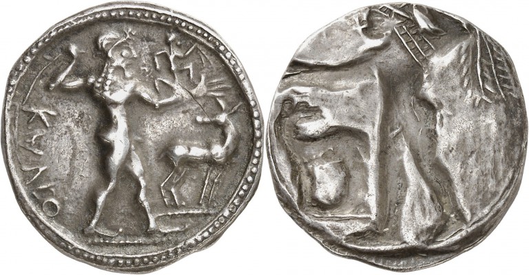 GRÈCE ANTIQUE
Bruttium, Caulonia (525-500 av. J.C.). Statère argent.
Av. KAVΛO...