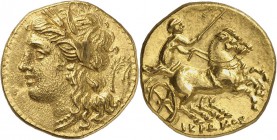 GRÈCE ANTIQUE
Sicile, Syracuse, Hiéron II (274-216 av. J.C.). 60 litrae d’or.
Av. Tête de Perséphone à gauche portant une couronne d’épis, palme der...