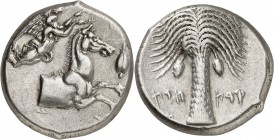 GRÈCE ANTIQUE
Sicile, monnaie frappée par les carthaginois, Entella, Émissions siculo-puniques (407-398 av. J.C.). Tétradrachme argent.
Av. Protomé ...