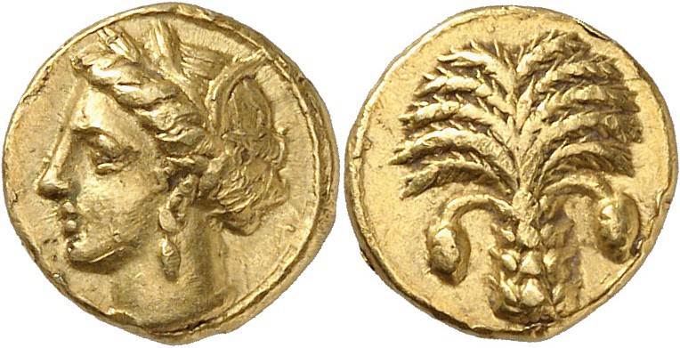 GRÈCE ANTIQUE
Zeugitane, Carthage (350-320 av. J.C.). Quart de statère d’or.
A...