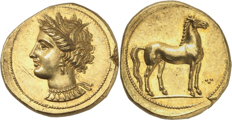 GRÈCE ANTIQUE
Zeugitane, Carthage (350-320 av. J.C.). Statère d’or.
Av. Tête d...