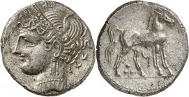GRÈCE ANTIQUE
Zeugitane, Carthage, révolte libyenne (241-238 av. J.C.). Shekel argent.
Av. Tête laurée de Tanit à gauche. Rv. Cheval à droite trois ...