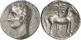 GRÈCE ANTIQUE
Zeugitane, Carthage, Hannibal (237-209 av. J.C.). Shekel argent. Carthago Nova.
Av. Tête à gauche d’Hannibal. Rv. Cheval à droite, un ...