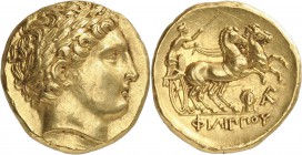 GRÈCE ANTIQUE
Royaume de Macédoine, Philippe II (359-336 av. J.C.). Statère d’or, Lampsaque. Frappé sous Philippe III ou Alexandre IV, ca. 323-315 av...