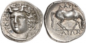 GRÈCE ANTIQUE
Thessalie, Larissa (356-342 av. J.C.). Drachme argent.
Av. Tête de la nymphe Larissa de face tournée de trois-quarts à gauche, les che...