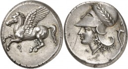 GRÈCE ANTIQUE
Corinthe (375-300 av. J.C.). Statère argent.
Av. Pégase volant à gauche Q au dessous. Rv. Tête d’Athéna à gauche portant un casque cor...