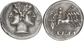 RÉPUBLIQUE ROMAINE 
Anonymes (225-212 av. J.C.). Didrachme, Rome.
Av. Tête de Janus laurée. Rv. Quadrige à droite. Cr. 28/3. 22 mm, 6,69 grs. 
Très...