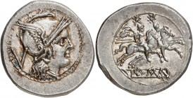 RÉPUBLIQUE ROMAINE 
Anonymes (210-211 av. J.C.). Quinaire, Rome.
Av. Tête casquée à droite. Rv. Bige au galop à droite. Cr. 47.1. 16 mm, 2,17 grs. ...