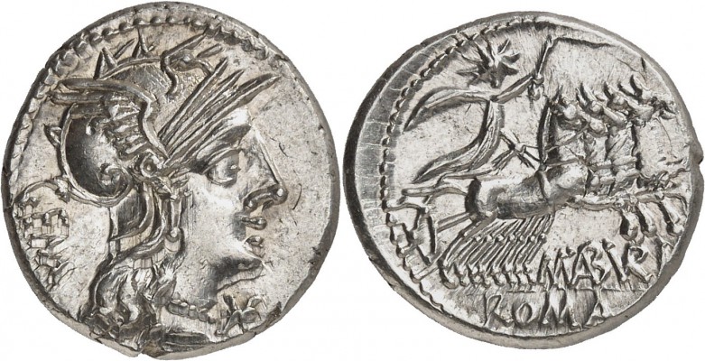 RÉPUBLIQUE ROMAINE 
M. Aburius Geminus (132 av. J.C.). Denier argent.
Av. Tête...