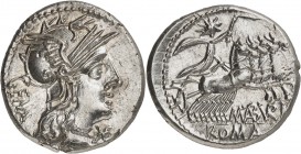 RÉPUBLIQUE ROMAINE 
M. Aburius Geminus (132 av. J.C.). Denier argent.
Av. Tête casquée de Rome à droite, à gauche, GEM. Sous le menton, marque de va...