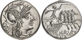 RÉPUBLIQUE ROMAINE 
M. ABVRI. Denier 132 av. J.C.
Av. Tête casquée de Rome à droite. Rv. Quadrige à droite. Cr. 250.1 18 mm, 3,93 grs. 
Superbe à F...