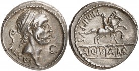 RÉPUBLIQUE ROMAINE 
Marcia (56 av J.C.). Denier.
Av. Buste diadémé d’Ancus Marcius. Rv. Statue équestre à droite. Cr. 425.1. 18 mm, 4,17 grs. 
Cont...