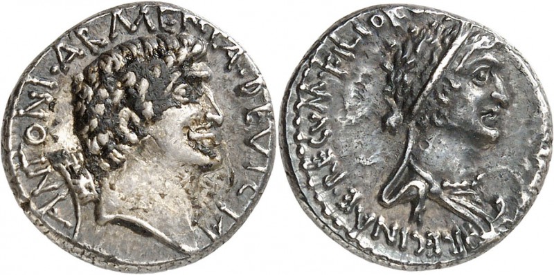 RÉPUBLIQUE ROMAINE 
Cléopâtre et Marc Antoine (-32av J.C.). Denier.
Av. Buste ...