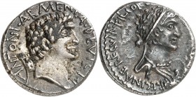 RÉPUBLIQUE ROMAINE 
Cléopâtre et Marc Antoine (-32av J.C.). Denier.
Av. Buste à droite. Rv. Buste à droite. Cr. 543.1. 17 mm, 3,59 grs. 
Rare, légè...