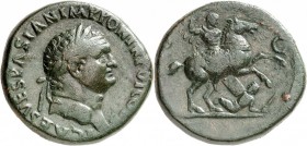 EMPIRE ROMAIN
Titus (69-79). Sesterce 72, «Judea Capta ».
Av. Tête laurée à droite. Rv. Titus en habit militaire sur un cheval à droite terrassant u...