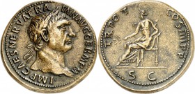 EMPIRE ROMAIN
Trajan (98-117). Sesterce 101-102, Rome.
Av. Tête laurée à droite. Rv. La paix assise à gauche. C. 636, C. 432. 35 mm, 26,93 grs. Prov...