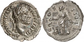 EMPIRE ROMAIN
Antonin le Pieux (138-161). Denier 147-148, Rome.
Av. Tête laurée à droite. Rv. La santé à gauche nourrissant un serpent. BMC. 622, C....