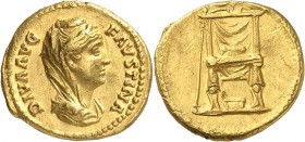 EMPIRE ROMAIN
Faustine mère, femme d’Antonin le Pieux (138-161). Quinaire en or 141, Rome.
Av. Buste voilé à droite. Rv. Trône de face. C. -, RIC -;...