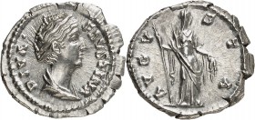 EMPIRE ROMAIN
Faustine mère, femme d’Antonin le Pieux (138-161). Denier 148, Rome.
Av. Buste drapé à droite. Rv. Augusta à droite. RIC. 358. 19 mm, ...