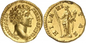 EMPIRE ROMAIN
Marc Aurèle (161-180). Aureus 145-147.
Av. Tête nue à droite. Rv. Hilarité à gauche. Cal. 1860a . 19 mm, 7,34 grs. 
Trace de nettoyag...