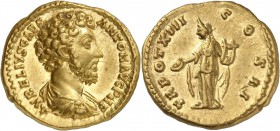 EMPIRE ROMAIN
Marc Aurèle (161-180). Aureus 158-161, Rome.
Av. Buste nu à droite. Rv. Apollon debout à gauche tenant une patère et une lyre. Cal. 19...