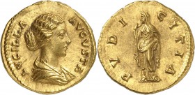 EMPIRE ROMAIN
Lucille, femme de Lucius Verus (161-169). Aureus, Rome.
Av. Buste drapé à droite. Rv. Pudicitia debout à gauche. C. 2216. 20 mm, 7,35 ...