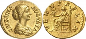 EMPIRE ROMAIN
Crispine, femme de Commode (177-183). Aureus 180-183, Rome.
Av. Buste drapé à droite. Rv. Vénus assise à gauche. Cal. 2377. 19 mm, 6,3...