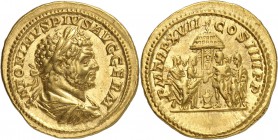 EMPIRE ROMAIN
Caracalla (198-217). Aureus, Rome.
Av. Buste drapé et lauré à droite. Rv. Caracalla vêtu d’une tenue militaire sacrifiant sur un autel...