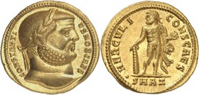 EMPIRE ROMAIN
Constance Chlore (293-306). Aureus 296-297, Antioche.
Av. Buste lauré à droite. Rv. Hercule à gauche tenant une massue dans sa main dr...