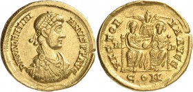 EMPIRE ROMAIN
Valentinien II (375-392). Solidus 383-387, Milan.
Av. Buste drapé et diadémé à droite. Rv. Les deux co-empereurs trônant de face. RIC ...