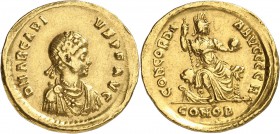 EMPIRE BYZANTIN
Arcadius (383-408). Solidus.
Av. Tête diadémée à droite. Rv. Constantinople assise à droite. RIC. 67. 21 mm, 4,35 grs. 
Traces de n...