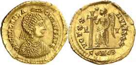 EMPIRE BYZANTIN
Galla Placida, femme de Constantin III (421-450). Solidus.
Av. Buste diadémé et drapé à droite. Rv. Victoire debout tenant une croix...