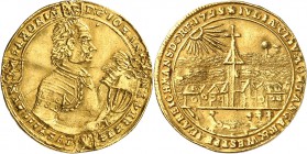 ALLEMAGNE
Duché de Saxe-Saalfeld, Jean Ernest VIII (1680-1729). Ducat 1722.
Av. Buste cuirassé à droite. Rv. Vue de la ville de Reichmansdorf. FR. -...