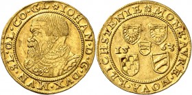 ALLEMAGNE
Münsterberg, Jean (1536-1565). Ducat 1563.
Av. Buste cuirassé à gauche. Rv. Cinq écus, de part et d’autres la date. Fr. 3234. 3,51 grs. 
...