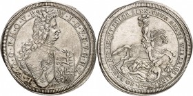 ALLEMAGNE
Nüremberg, Wolfgang Julius (1641-1698). Thaler 1697.
Av. Buste cuirassé à droite. Rv. Cavalier à droite. Km. 31, Dav 6831. 29,09 grs. 
TT...