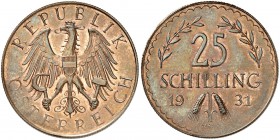 AUTRICHE
1ere République (1918-1938). 25 Shilling 1931, essai en bronze.
Av. Aigle aux ailes déployées. Rv. Valeur dans une couronne d’olivier. Fr. ...