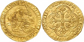 BELGIQUE 
Flandres, Louis de Mâle (1346-1384). Franc à cheval, Gand.
Av. Le roi galopant à gauche, tenant une épée dans sa main gauche. Rv. Croix fe...