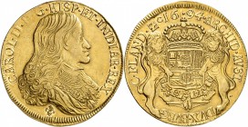 BELGIQUE 
Flandres, Charles II (1665-1700). 8 souverains d’or 1694, Bruges.
Av. Buste cuirassé droite. Rv. Ecu couronné tenu par deux lions. Del. 56...