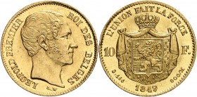 BELGIQUE 
Léopold Ier (1831-1865). 10 francs or 1849, Bruxelles.
Av. Tête nue à droite. Rv. Écu posé sur un manteau couronné. Fr. 408. 
PCGS MS 63....
