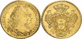 BRÉSIL
Maria Ière et Pedro III (1777-1786). 6.400 Reis 1779, Rio de Janeiro.
Av. Bustes laurés à droite. Rv. Écu couronné. Fr. 76. 14,22 grs. 
Lége...