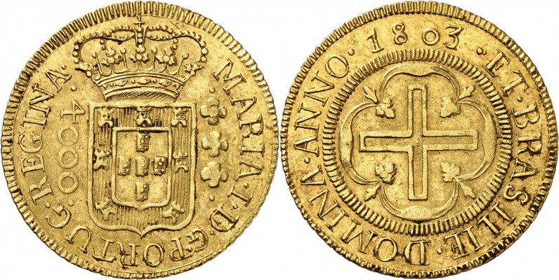 BRÉSIL
Marie Ière (1786-1805). 4.000 reis 1803, Bahia.
Av. Écu couronné. Rv. C...