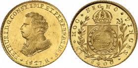 BRÉSIL
Pierre Ier (1822-1831). 6.400 reis 1827, Rio de Janeiro.
Av. Buste habillé à gauche. Rv. Écu couronné dans une couronne de feuille. Fr. 109. ...