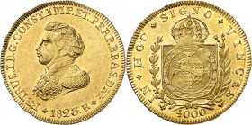 BRÉSIL
Pierre Ier (1822-1831). 4.000 reis 1823, Rio de Janeiro.
Av. Buste habillé à gauche. Rv. Écu couronné dans une couronne de feuille. Fr. 110. ...